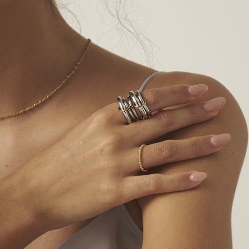 Shapes Studio Trio Linked Ring, stackable Ring, Minimalism style for women, Never Tarnish - size: 8, style: Five Band (Five Silver Two Thick Silver)