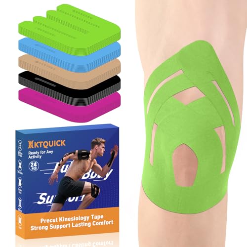 KTQUICK Precut Kinesiology Tape for Knees,24PCS,20% Stronger Adhesive Green | Upgraded Designed Knee Tape with Premium Cotton, Breathable, Waterproof, Latex-Free Athletic Tape for Running, Gym & Hiking - color: Green, size: 24PCS