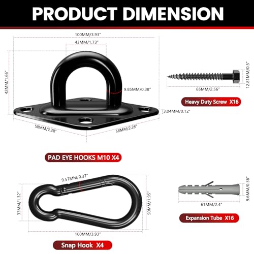 sprookber 304 Stainless Steel Pad Eye Snap Hooks, M10 Heavy Duty Ceiling Hook, 1700lb Capacity Hammock Swing Hanging kit, Plant Hangers, Marine Hardware Staple Hook Loop with Screws, Set of 8(Black) - size: 4 Inch, style: Black Rhombus