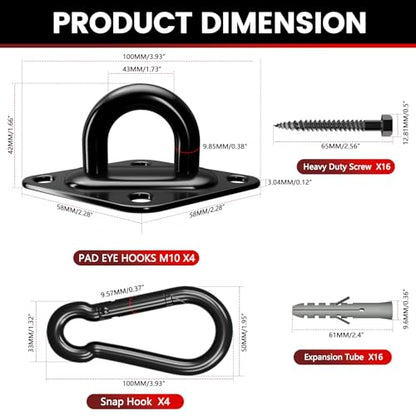 sprookber 304 Stainless Steel Pad Eye Snap Hooks, M10 Heavy Duty Ceiling Hook, 1700lb Capacity Hammock Swing Hanging kit, Plant Hangers, Marine Hardware Staple Hook Loop with Screws, Set of 8(Black) - size: 4 Inch, style: Black Rhombus