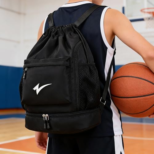 Sport Drawstring Backpack, Gym Bag with Mesh Side Pockets and Separate Shoe Compartment, Water-Resistant (Orange) - color: Orange