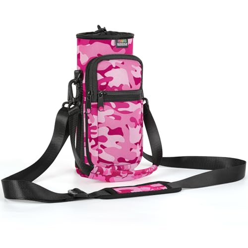 Nuovoware Water Bottle Carrier Bag, 25oz/32oz Bottle Pouch Holder, Adjustable Shoulder Hand Strap 2 Pocket Sling Neoprene Sleeve Sports Accessories for Men/Women Hiking Travelling, Camouflage Pink - color: Camouflage Pink, size: 25-32 Ounces - Standard