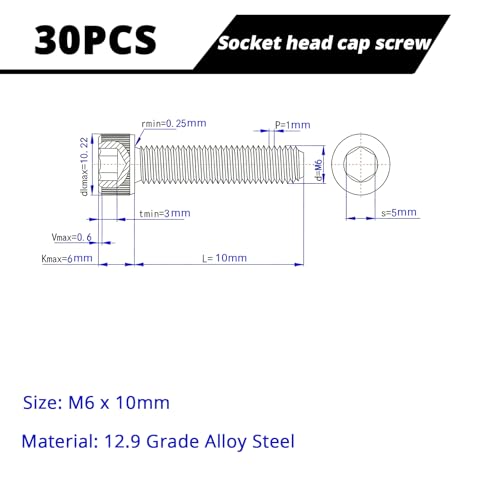 M6-1.0 x 10mm Socket Head Cap Screws Cap Bolts, 12.9 Grade Alloy Steel Black Oxide, Allen Socket Drive, Machine Full Thread, 30 PCS (8mm-80mm Available) - size: M6x10mm(30PCS)