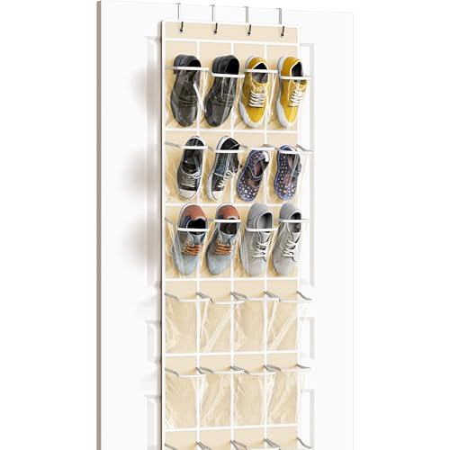 Simple Houseware 24 Pockets Clear Over the Door Shoe Organizer, Beige | 64" x 19", 4 Durable Metal Hooks, 4.3" x 9.5" Pocket Size, Multipurpose - color: Beige, size: Large Pockets