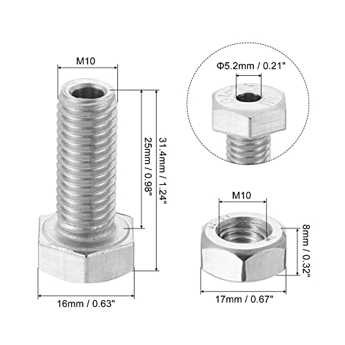 MECCANIXITY M10x25mm Hollow Screw Bolts External Hexagon Fasteners with Nuts, 304 Stainless Steel Pack of 2 - size: M10x25mm
