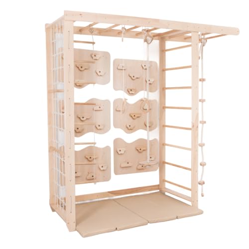 Wood And Hearts 7-in-1 Swedish Ladder Big Bridge Indoor Gym for Kids Active Play – Monkey Bars, Climbing Wall, Rope Accessories & Play Mats (6 Climbing Wall Panels)