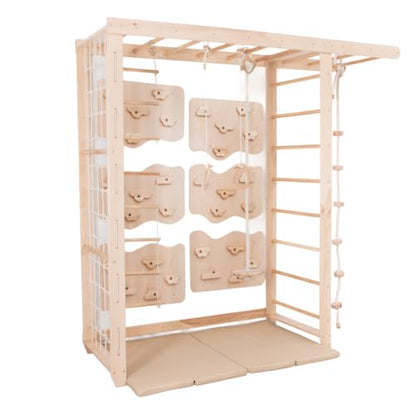 Wood And Hearts 7-in-1 Swedish Ladder Big Bridge Indoor Gym for Kids Active Play – Monkey Bars, Climbing Wall, Rope Accessories & Play Mats (6 Climbing Wall Panels)