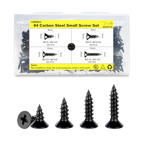 #4 Flat Head Wood Screws Assortment Kit 600Pcs, Black Carbon Steel | Self-Tapping Phillips Drive Small Screws, Black Screws, Flat Head Small Wood Screw,4 Sizes (1/4",5/16",3/8",1/2") - color: Black, size: #4-600pcs