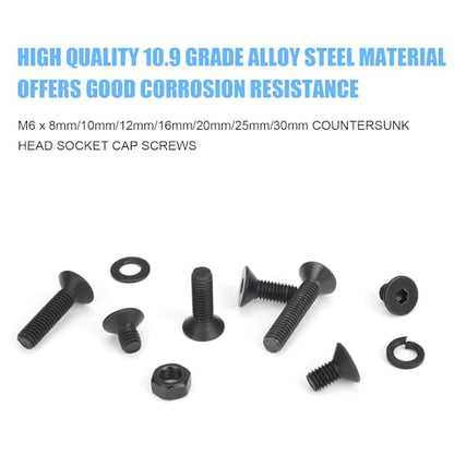 DYWISHKEY 151 Pieces M6 Black Screws, 10.9 Grade Alloy Steel M6x 8/10 /12/16 /20/25 /30mm Countersunk Head Socket Cap Screws Bolts Nuts Washers Assortment Kit - size: M6, style: Countersunk Head Socket Cap