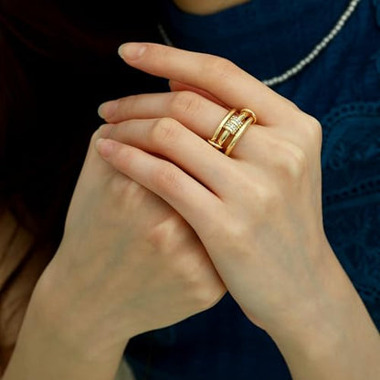 Gold Stackable Rings for Women Non Tarnish, Dainty 14K Gold/Silver Plated Cubic Zirconia Spinelli Ring Chunky Multi Rings Mixed Metals Ring Stack Set Non Tarnish Jewelry - color: Plain-Gold, size: 6