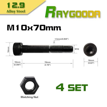 M10-1.5x70 Socket Head Cap Screw and Nut Kit 4set, Grade 12.9 Alloy Steel, Black Oxide Finish, Partially Thread, High Tensile Strength for Automotive, Machinery & Heavy Duty Use - size: M10x70mm(4 Sets）