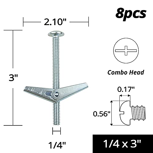 HASWARE Toggle Bolt Zinc Plated Steel and Wing Nut for Hanging Heavy Items on Drywall 1/4x3” (8 Pack) - size: 1/4x3” (8 Pack)