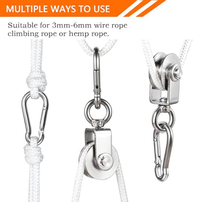 Stainless Steel Small Pulley M25, 20m Nylon Rope and 2pcs Clips for Outdoor DIY Pulley System, Bird Feeder, Sun Shade, Tent Poles, Kayak - size: 20m
