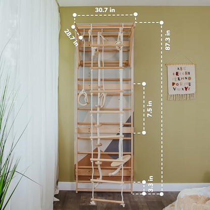 Wood And Hearts Indoor Swedish Ladder Wall Gym for Kids Active Play - Adjustable Pull-Up Bar with Rope Accessories & Decorative Panels (Climbing Module 1, 4in1 Rope Bundle) - size: Climbing Module 1