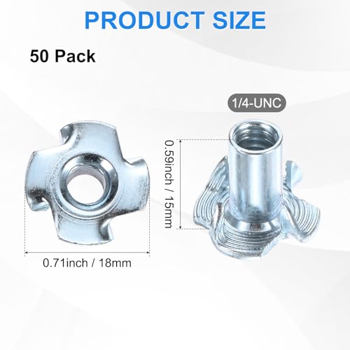 M METERXITY 50-Pack 1/4-UNC T-nut, 9/16" Barrel Length Carbon Steel 4-Pronged Tee Nut Threaded Insert for Wood/Rock Climbing Holds/Furniture, Corrosion Resistant Fasteners - size: 1/4-UNC, 9/16" Barrel Length