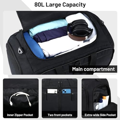 MIER Packable Travel Duffle Bag with Shoe Compartment, 80L, Black | Foldable Weekender Duffel; Multi-Pockets; Adjustable Shoulder Strap; Luggage Sleeve; Travel, Sports, Camping, Gym - color: Black, size: 80L