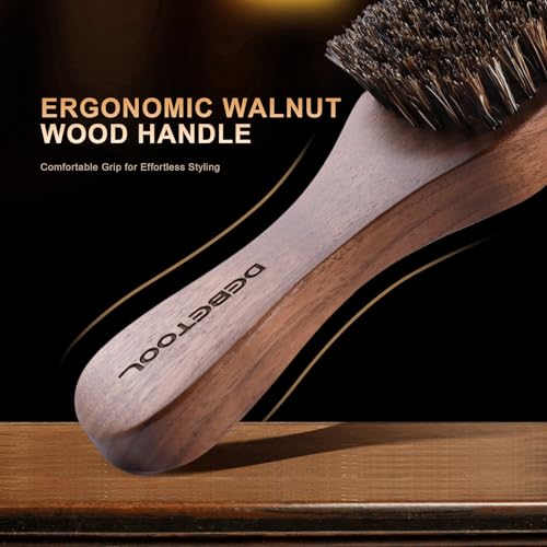 DEBETOOL Natural Walnut Wood Mens Hair Brush - Stiff Boar Bristle Men's Hair Brush for Thin Hair Detangling, Beard Straightens