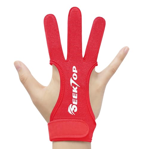 Seektop Archery Gloves Shooting Hunting Leather Three Finger Protector for Youth Adult Beginner - color: Red, size: Small
