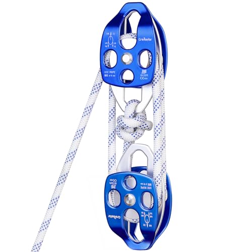 Heavy-Duty Double Block and Tackle Pulley System – 100Ft x 1/2'' Rope, 7700 LB(35KN) Breaking Strength, 4:1 Lifting Ratio – Ideal for Garage, Attic, and Heavy Lifting Applications - size: 1/2'' x 100ft
