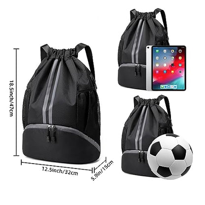Valleycomfy Sports Drawstring Backpack - Water Resistant String Bag Black | with Side Mesh Pockets Shoe Compartment Gym Backpack for Women & Men - color: A-black