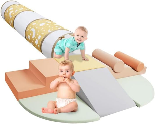 Climbing Toys for Toddlers, 9-Piece Soft Foam Climbing Blocks Set&Crawl Through Tunnel, Toddler Climbing Toys Indoor Foam Play Gym for Climbing Crawling and Sliding - style: 9-Piece