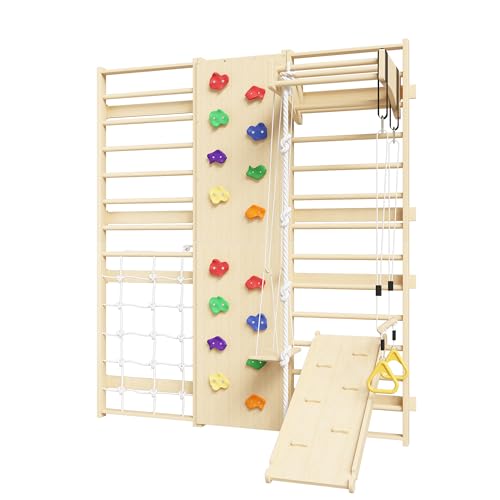 Cofiyard 9-in-1 Swedish Ladder Wall Gym & Climber, 94.5'' Wooden Wall-Mounted Climbing Set with Double-Sided Slide, Swing, Rope, Rings, Monkey Bars, Kids Indoor Playset, Wooden Climbing Jungle Gym