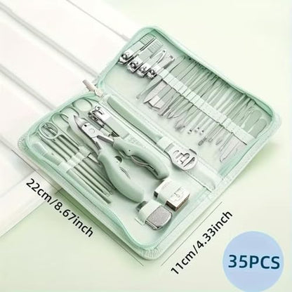 Luxury 35-in-1 Professional Manicure Set - Premium Stainless Steel Nail Clippers & Grooming Kit with Elegant Leather Travel Case for Ultimate Hand, Foot & Facial Care - Green - color: Green, size: 35PCS
