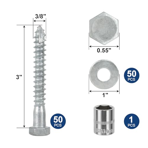 3/8" x 3" Lag Screws Bolts with Washers(50Pcs) | Hot Dip Galvanized Hex Head Lag Screws, Heavy Duty Lag Bolts for Wood, TV Mounts, Deck, Boat Repair - size: 3/8x3in