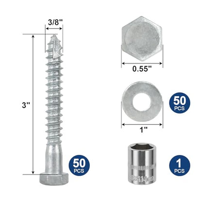 3/8" x 3" Lag Screws Bolts with Washers(50Pcs) | Hot Dip Galvanized Hex Head Lag Screws, Heavy Duty Lag Bolts for Wood, TV Mounts, Deck, Boat Repair - size: 3/8x3in