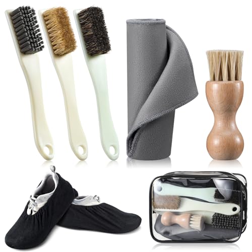 Havawish 7 Pcs Shoe Cleaning Brush Kit Bowling Shoe Brush Polish Brushes Suede Cleaner Brush Boot Shoe Covers Microfiber Shoe Cloth with Carrying Bag Bowling Accessories for Shoe