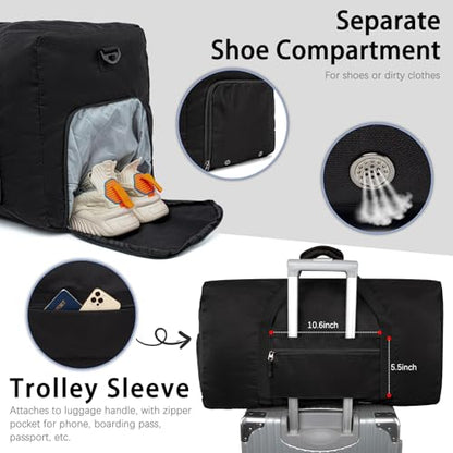 65L Foldable Duffle Bag with Shoe Compartment - Large Travel Duffel Bag for Men & Women, Packable Weekend Bag with Trolley Sleeve, Water-Resistant & Lightweight Gym Bag for Travel, Sports (Black) - color: Black