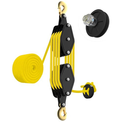 YATOINTO Rope Hoist Pulley System, 4400LB Pulley Block and Tackle, 8:1 Ratio Lifting Power 65ft, Heavy Duty Pulley Block for Hunting Lifting Heavy Objects Garage Warehouses Building (Yellow) - color: Yellow(Powder Coating)