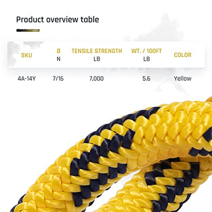Pelican Rope 24-Strand 7/16 in (11 mm), USA Made Arborist Rope - 5,400 lb MBS - Static Climbing Rope - Lightweight - Arborist-24™ - 120 Ft - Tight Spliced Eye - Yellow Black - size: 120 ft, style: Tight Spliced Eye