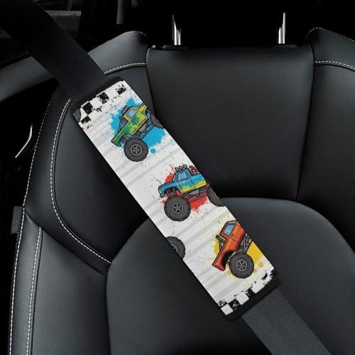 2 Pack Colorful Monster Truck Cartoon Trucks Checkered Car Seat Belt Pad Soft Padded Harness Pads Strap for Child, Car Seats Pushchair Strollers High Chair Pushchair, Anti-Slip Pad - color: Pattern 246