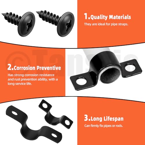 Tanstic 10Pcs Black Two Hole Pipe Strap, 1-1/4” Two Hole Strap U Bracket Rigid Pipe Strap Pipe Strap Clamp with Phillips Modified Truss Head Wood Screws for Fixing Pipe, Conduit, U Bracket - size: 1-1/4"