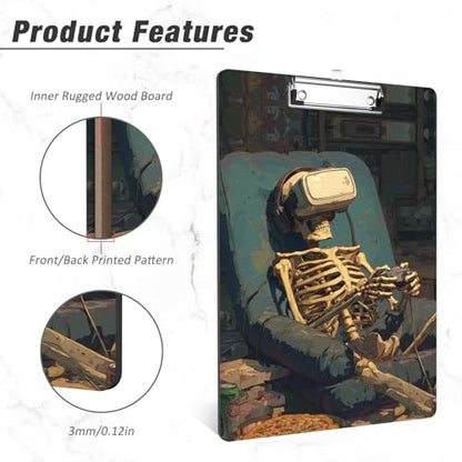 Rimilak Wood Clipboard, 8.5x11 Hardboard Clip Board, Game Skeleton | Fun Design, Cute Custom Pattern, 9 x 12.5 in Letter Size for Classroom, Teachers, Kid, Woman, School & Office Supply - color: Game Skeleton