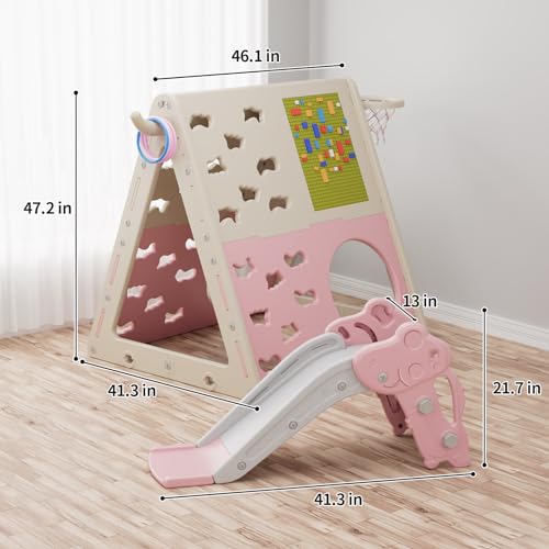 UNICOO Children’s 7 in 1 Multi-Functional Climbing Pyramid Set with Slide, Kids Climbing and Sliding Set for Home, Daycare (KU-C04-Pink) - color: Pink
