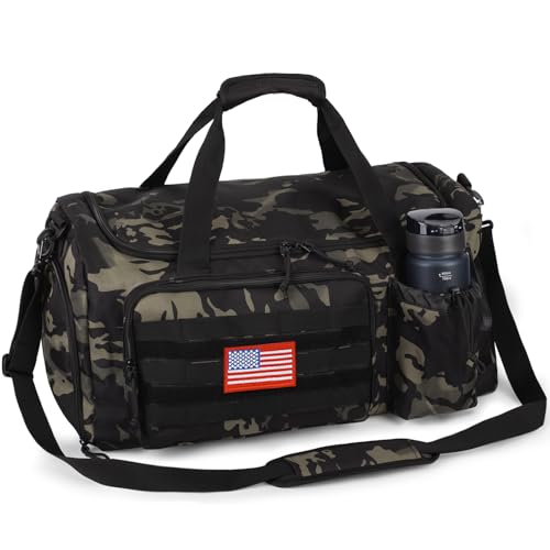 Tactical Gym Bag for Men, 60L Duffle Bag with Shoes Compartment for Travel | Water-Resistant Sports Weekender Bag with Adjustable Shoulder Strap Wet Pocket for Gym,Travel,Hiking,Camping Overnight Trips - color: Camo Black, size: Large