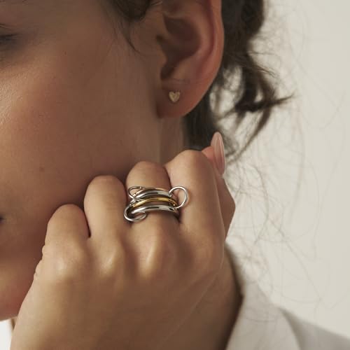 Shapes Studio Trio Linked Ring, stackable Ring, Minimalism style for women, Never Tarnish - size: 7, style: Four Band (two silver)