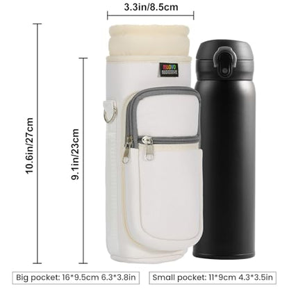 Nuovoware Water Bottle Carrier Bag, 25oz/32oz Water Bottle Holder with Strap, Adjustable Shoulder Hand Strap 2 Pocket Water Bottle Sling Bag Neoprene Sleeve for Hiking Travelling, MilkWhite - color: MilkWhite, size: 25-32 Ounces - Standard