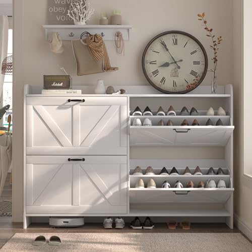 Shoe Cabinet with 4 Flip Drawers, Slim Narrow Shoe Storage Cabinet with Adjustable&Removable Shelves, Freestanding Wood Hidden Shoe Organizer for Entryway, Hallway (White)