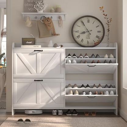 Shoe Cabinet with 4 Flip Drawers, Slim Narrow Shoe Storage Cabinet with Adjustable&Removable Shelves, Freestanding Wood Hidden Shoe Organizer for Entryway, Hallway (White)