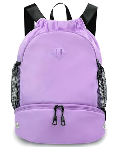 RHDZO Drawstring Backpack Gym Backpack with Shoe Compartment for Men Women String Sports Bag with Wet Pocket Cinch Swim Beach Bag, Large Purple - color: Large Purple, size: Large