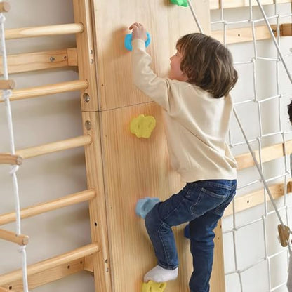 Avenlur Walnut 9-in-1 Swedish Ladder Wall Gym Kids, Indoor Climbing Wall | 2 Heights: 78.8" or 94.5" Montessori Indoor Playground & Jungle Gym, Rock Climbing Wall for Kids, Rope Ladder, Slide, Swing - size: 79" Height