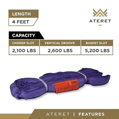 ATERET Powerlift Purple Polyester Endless Round Sling - 4 Feet Length, 2,600 lb. Vertical Capacity, 5,200 lbs Basket - Heavy Duty Poly Lifting Sling - color: 01 Purple - Vertical Capacity 2,600 lbs, size: 4FT