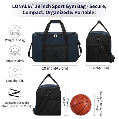 35L Sports Gym Duffle Bag - 19 inch Weekender Duffel for Workout, Basketball, Fitness, Training (Navy Blue) - color: Navy Blue