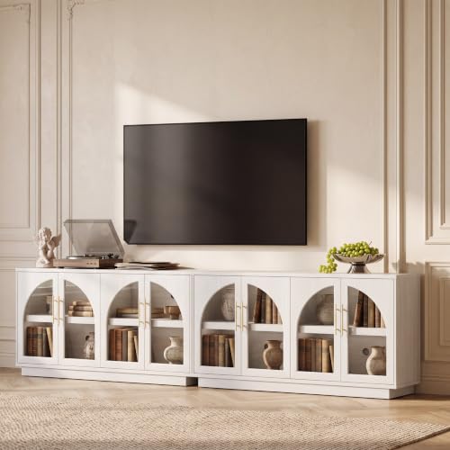 Fatmok Sideboard Buffet Cabinet with Storage Set of 2, 59” Modern Accent Cabinet with Glass Doors, Large Wood Arched Credenza Storage with Adjustable Shelves for Dining Room Entryway, White Wood Grain - color: Bb-white Wood Grain