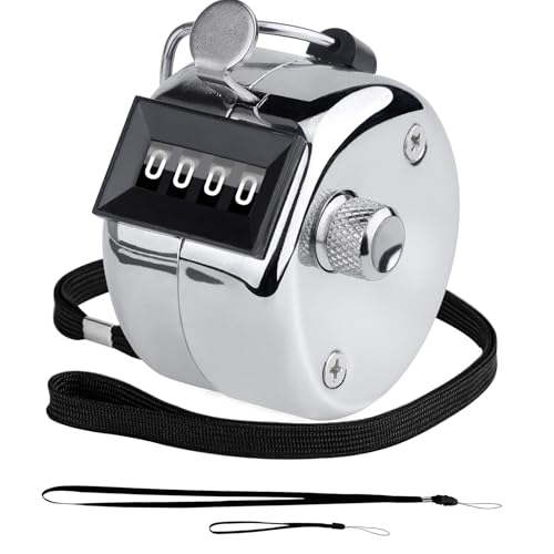 BGJRBY Metal Hand Tally Clicker Counter, 4-Digit Number Display for Coaching, Knitting, Lap, Fishing, Golf and Row Sport with 2-Nylon Lanyard,Silver
