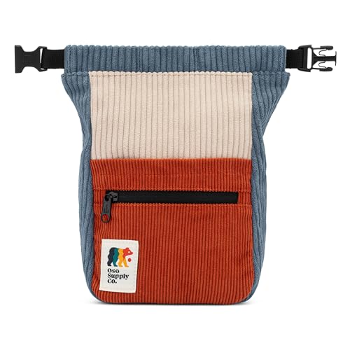 Oso Supply Co - Retro Corduroy Bouldering Bucket, Large Size Freestanding Chalk Bag for Rock Climbing, Magnetic Roll Down Closure, Dual Brush Loops, Zippered Pockets and Pouch - color: Blue, Clay and Cream