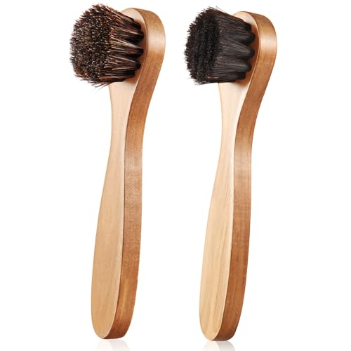 2 Pcs Horsehair Shine Shoes Brush Kit Polish Dauber Applicators Cleaning Leather Shoes Boots Care Brushes Suede Cleaner Brush(Wooden Long Handle) - style: Wooden Long Handle